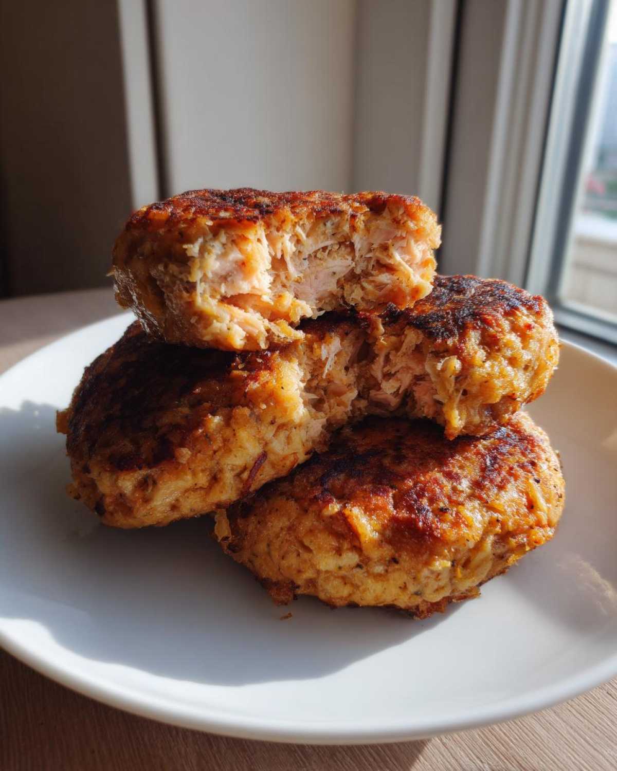 Close-up of three golden-brown Air Fryer Salmon Patties stacked, with the top one broken open to show the flaky salmon interior.