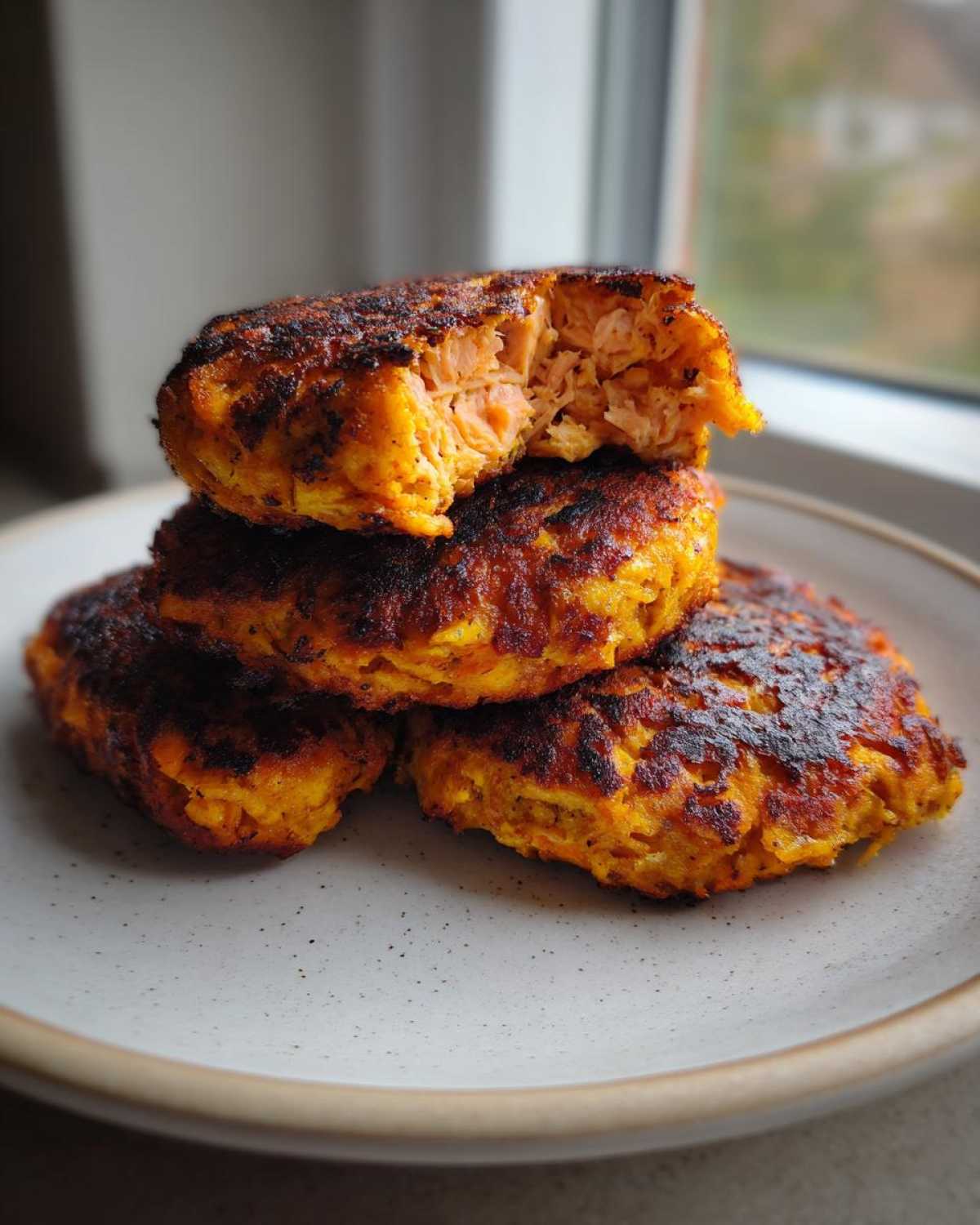 Close-up of three crispy Air Fryer Salmon Patties stacked, with the top one broken open to show flaky salmon inside.