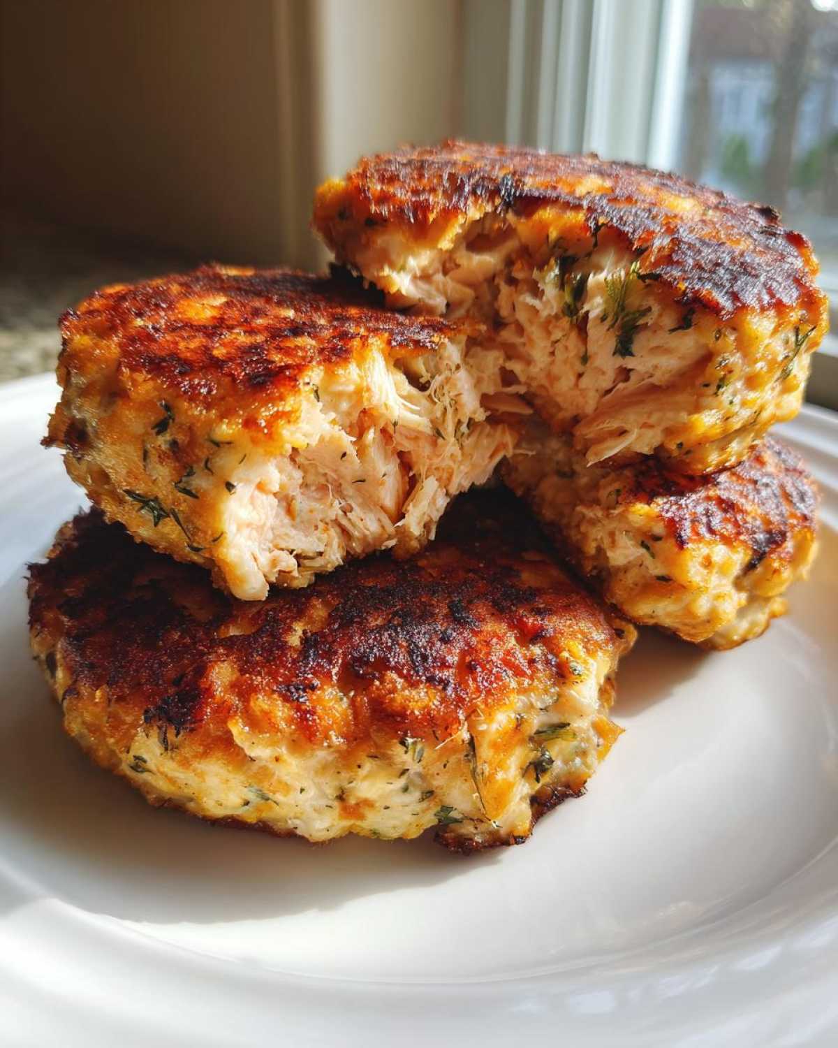 A stack of three golden-brown, crispy Air Fryer Salmon Patties, with one broken open showing the flaky salmon inside.