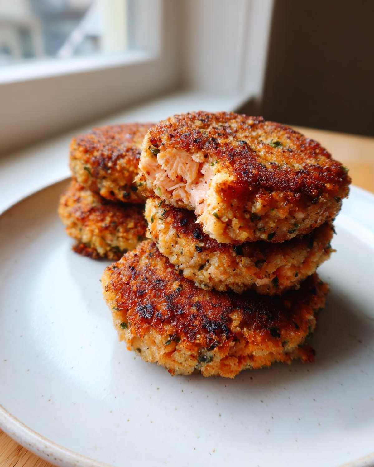 Stack of four perfectly cooked Air Fryer Salmon Patties, one bitten into showing flaky pink salmon inside.
