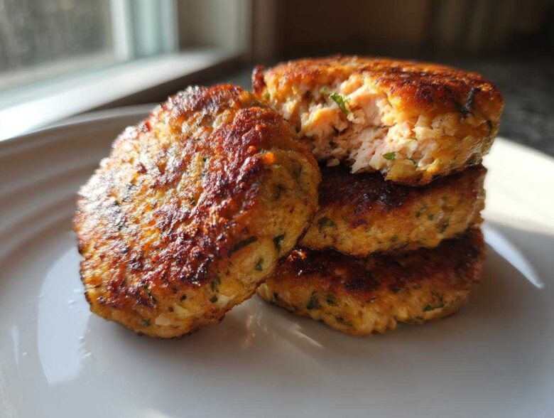 A stack of three golden-brown Air Fryer Salmon Patties, with the top one broken open showing the flaky pink salmon interior.