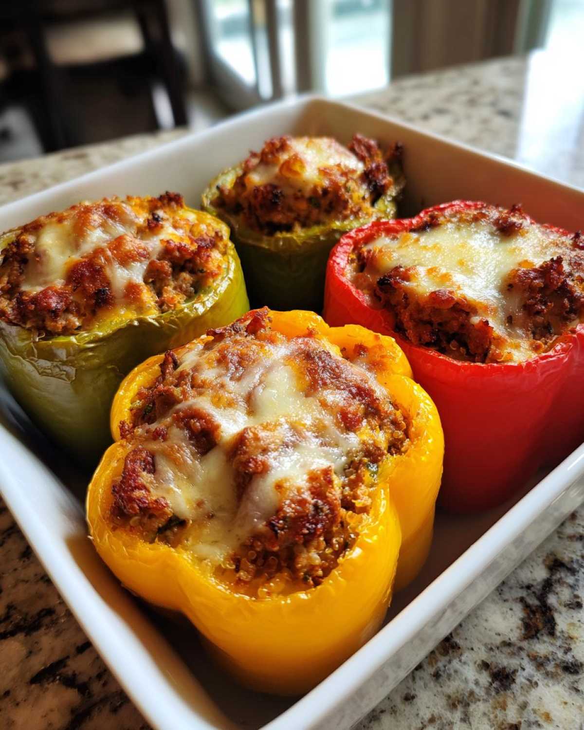Four colorful Air Fryer Stuffed Bell Peppers (red, yellow, green) topped with melted cheese in a white baking dish.