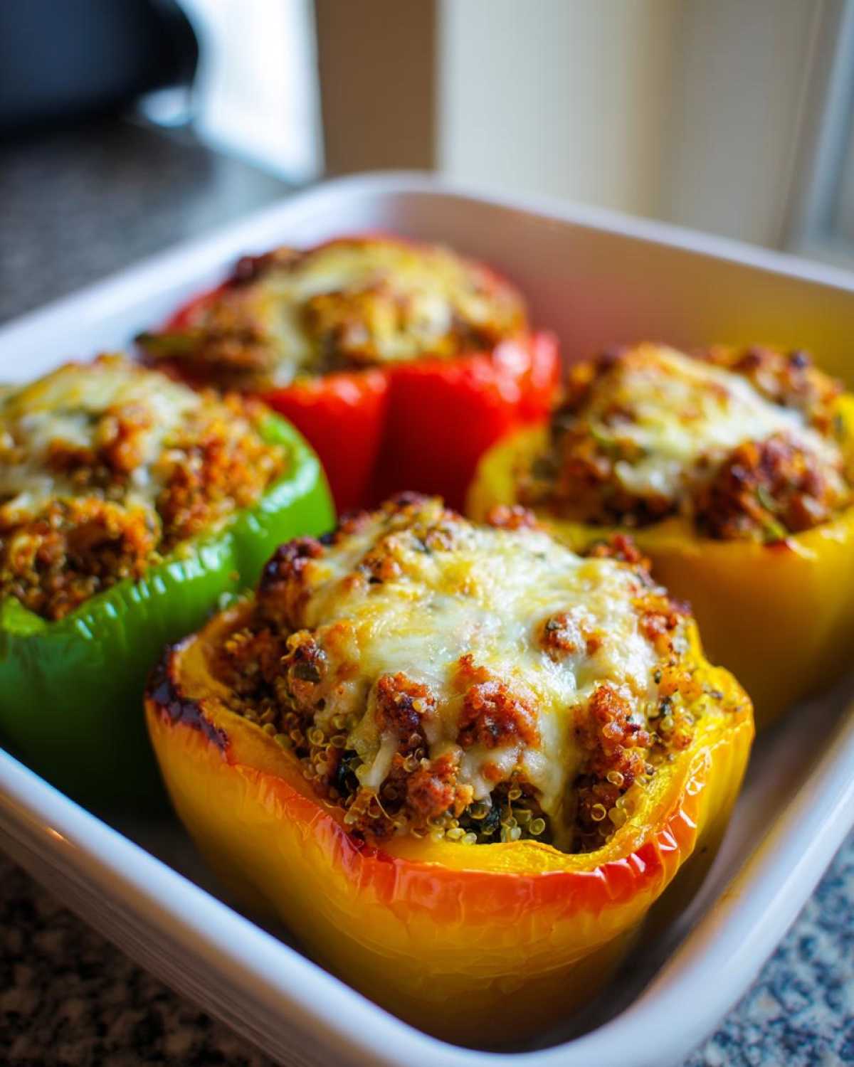 Four colorful Air Fryer Stuffed Bell Peppers (yellow, green, red) topped with melted cheese in a white baking dish.