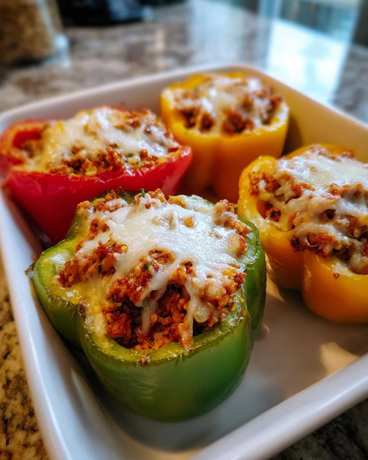 Four colorful Air Fryer Stuffed Bell Peppers (green, red, yellow) topped with melted mozzarella cheese.