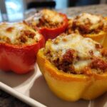 Four colorful Air Fryer Stuffed Bell Peppers, yellow and red, topped with melted mozzarella cheese, served on a white platter.