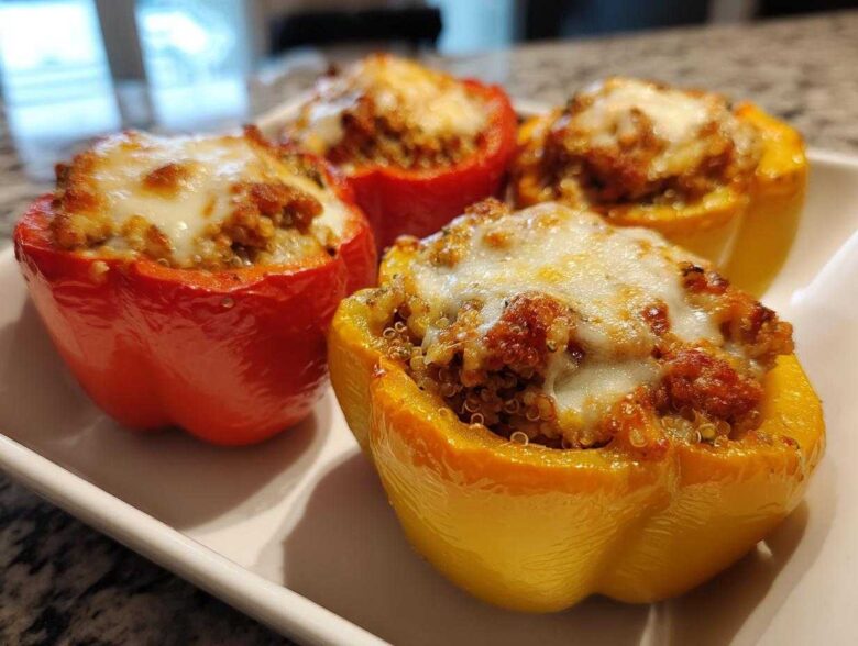 Four colorful Air Fryer Stuffed Bell Peppers, yellow and red, topped with melted mozzarella cheese, served on a white platter.