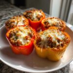 Five colorful Air Fryer Stuffed Bell Peppers topped with melted cheese served on a white plate.