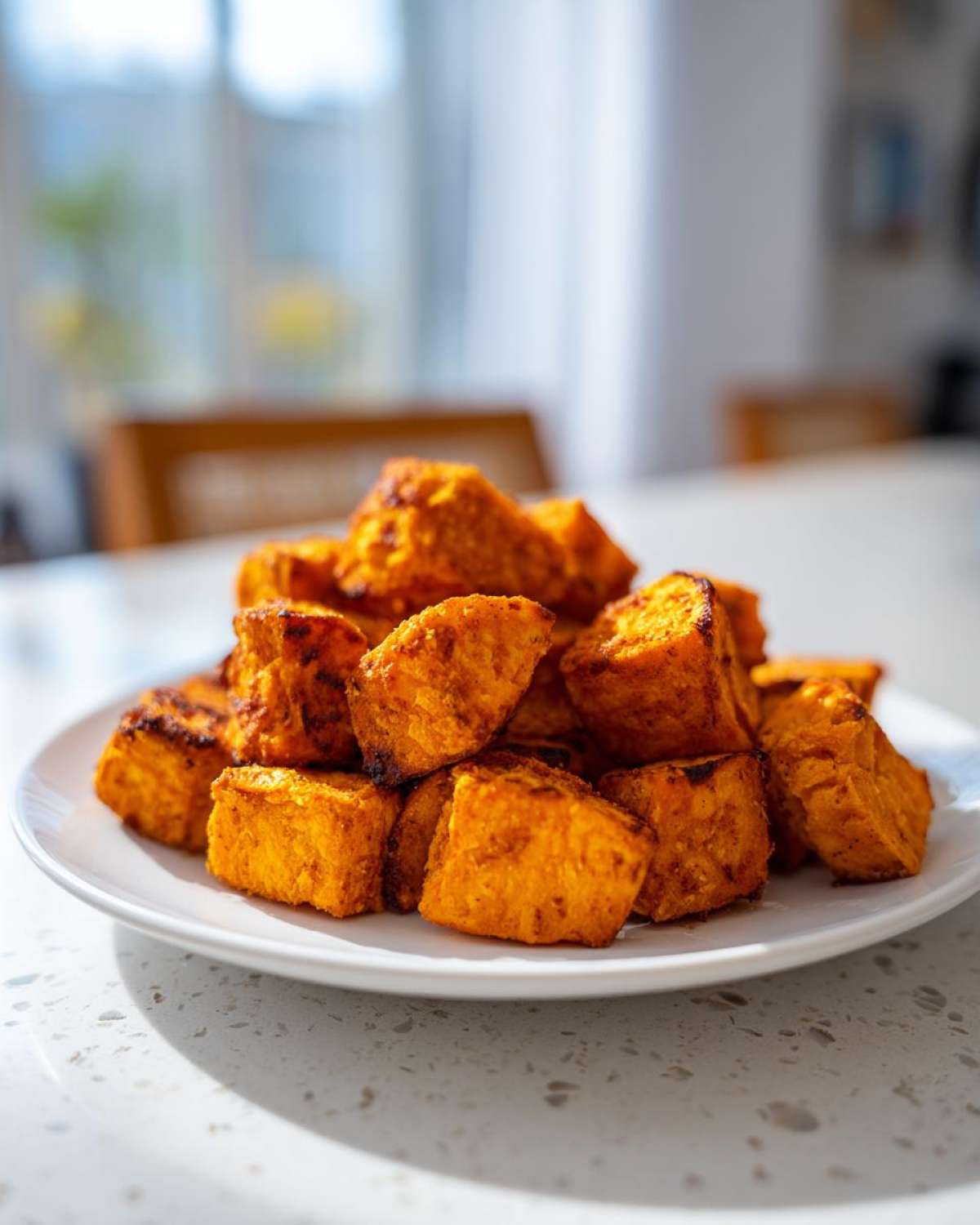 A mound of perfectly cooked, golden-orange Air Fryer Sweet Potato Cubes piled high on a white plate.