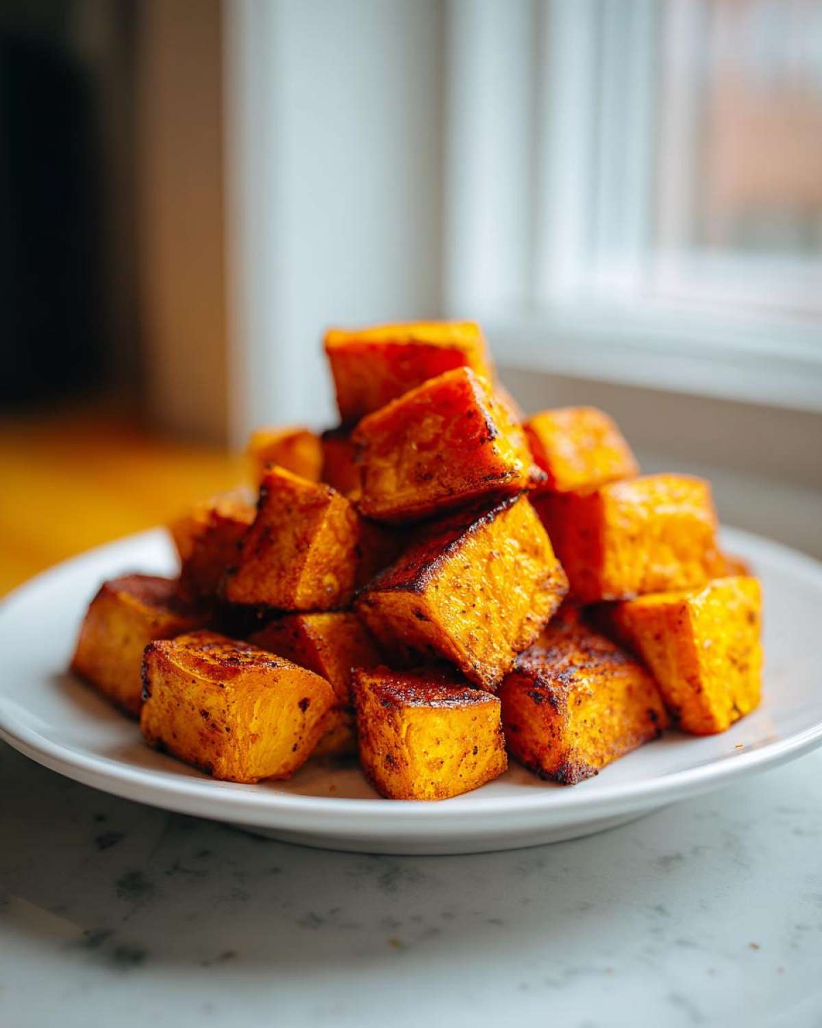 A pile of golden brown, seasoned Air Fryer Sweet Potato Cubes stacked on a white plate.