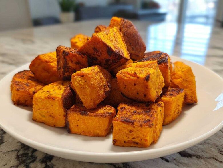 A white plate piled high with golden brown, crispy Air Fryer Sweet Potato Cubes.