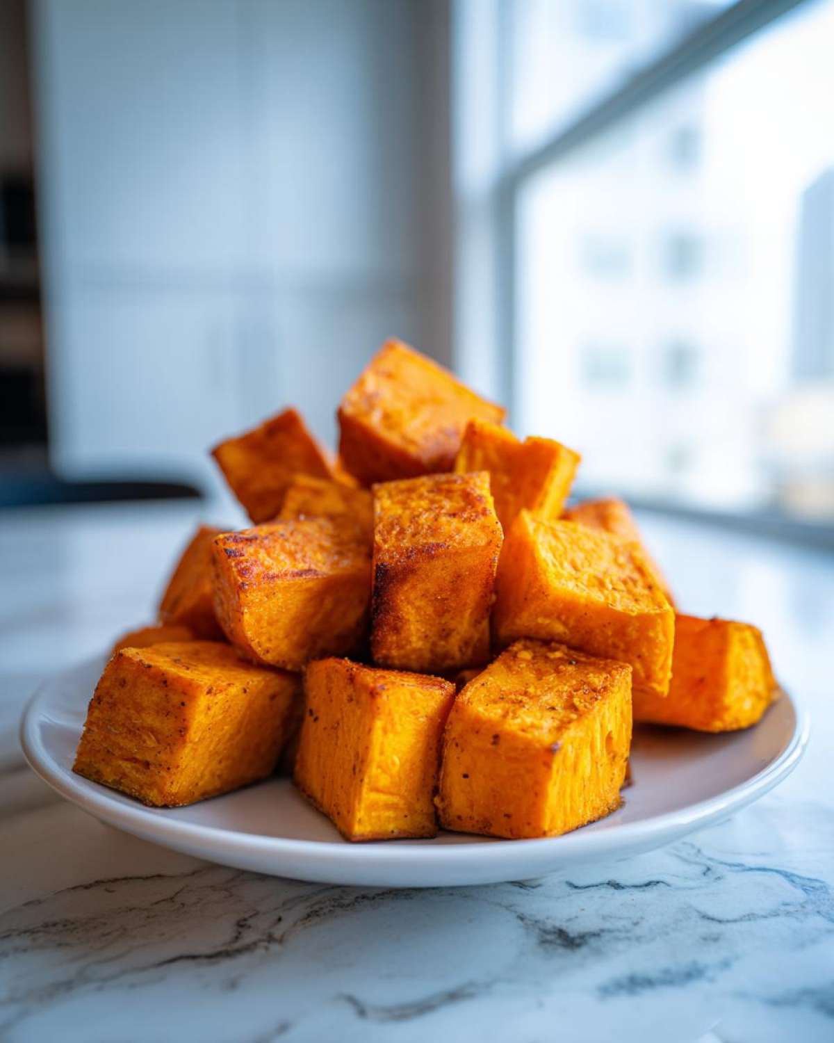 A mound of perfectly seasoned and cooked Air Fryer Sweet Potato Cubes piled high on a white plate.