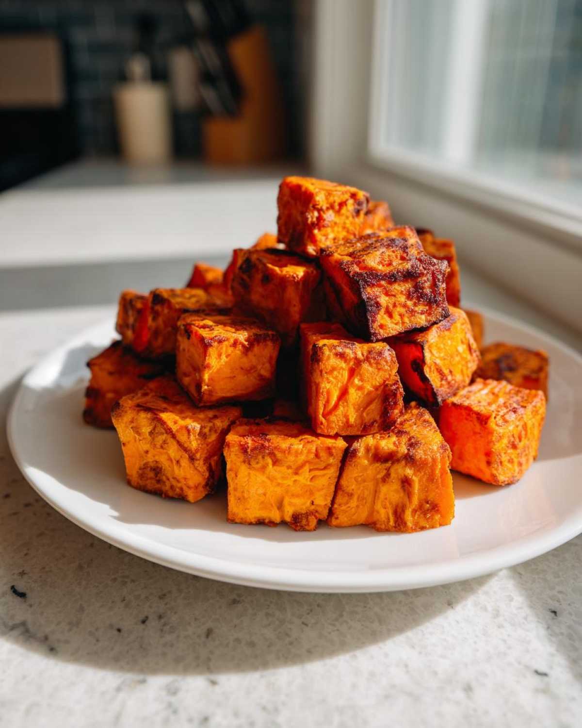 A stack of golden brown, caramelized Air Fryer Sweet Potato Cubes piled high on a white plate.