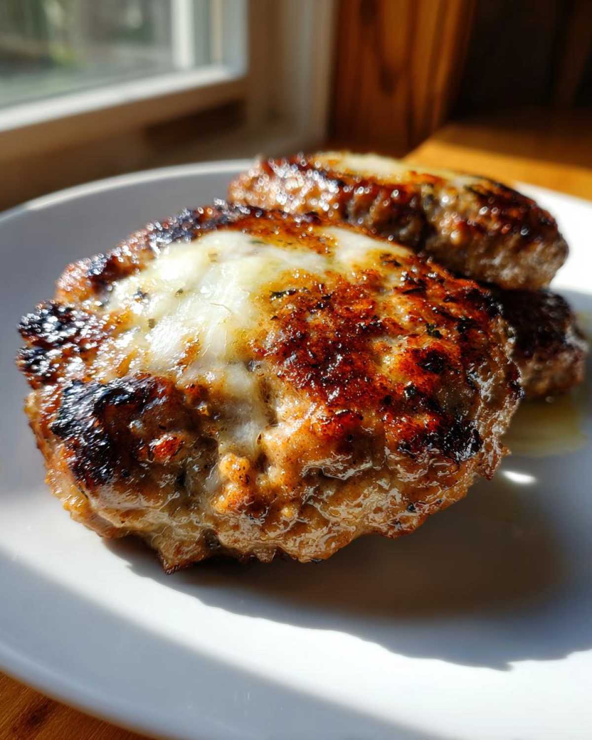 Close-up of two juicy Air Fryer Turkey Burgers topped with melted white cheese, glistening under sunlight.
