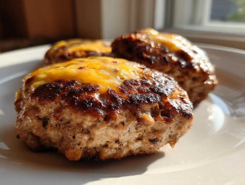 Close-up of three juicy Air Fryer Turkey Burgers topped with melted cheddar cheese on a white plate.