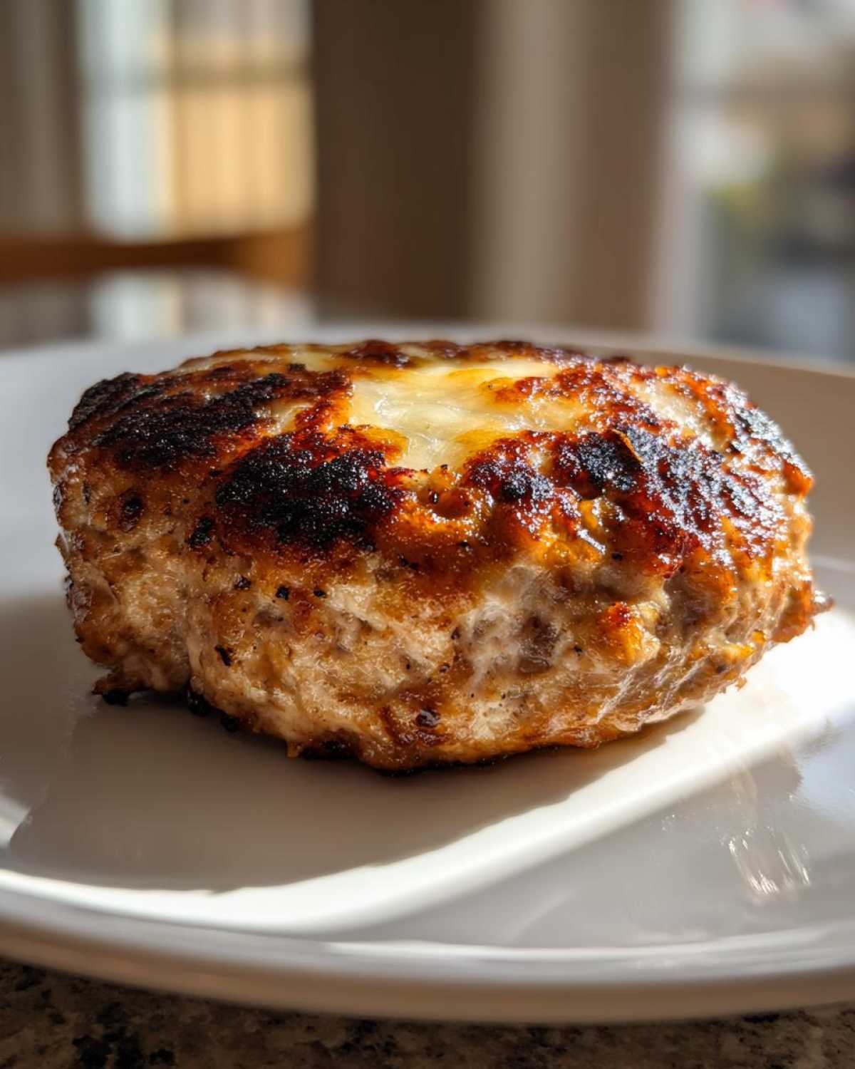 Close-up of a perfectly cooked, juicy Air Fryer Turkey Burger patty topped with melted cheese.