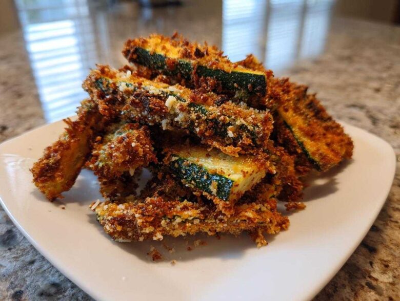 A pile of golden brown, crispy Air Fryer Zucchini Fries with Parmesan stacked on a white plate.