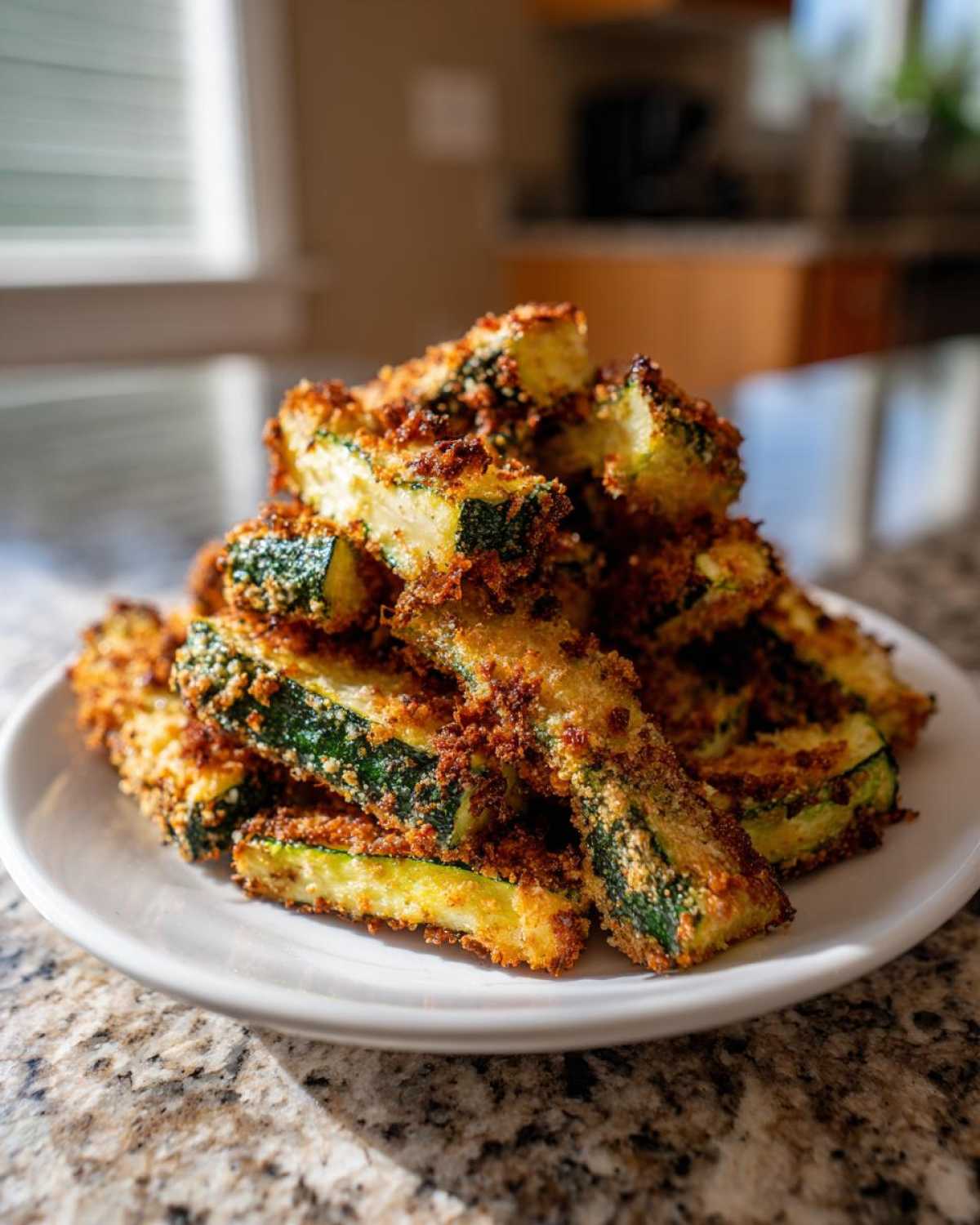 A pile of golden brown, crispy Air Fryer Zucchini Fries with Parmesan stacked on a white plate.