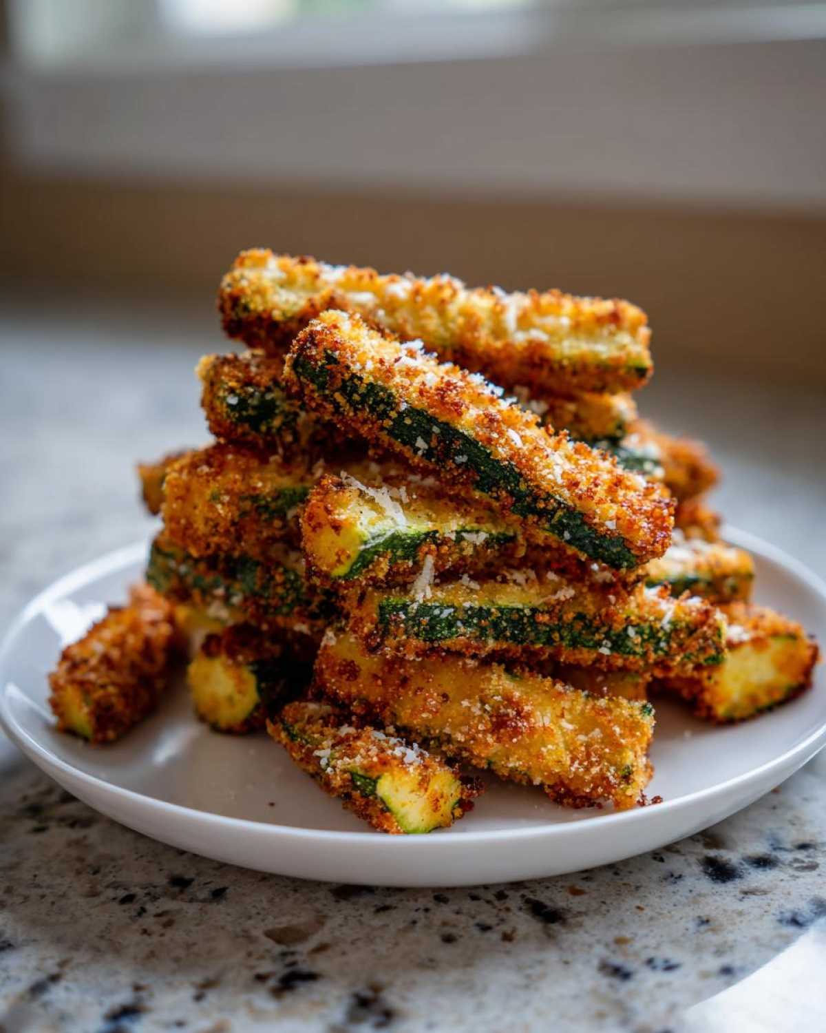 A tall stack of golden brown Air Fryer Zucchini Fries with Parmesan piled on a white plate.
