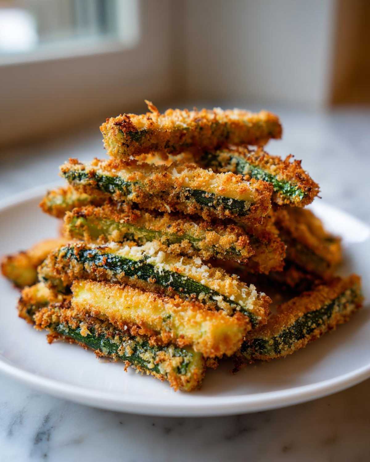 A stack of golden brown, crispy Air Fryer Zucchini Fries with Parmesan piled high on a white plate.