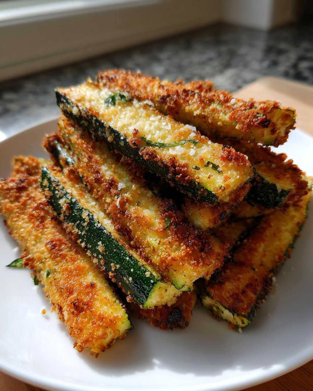 A stack of crispy, golden-brown Air Fryer Zucchini Fries with Parmesan served on a white plate.