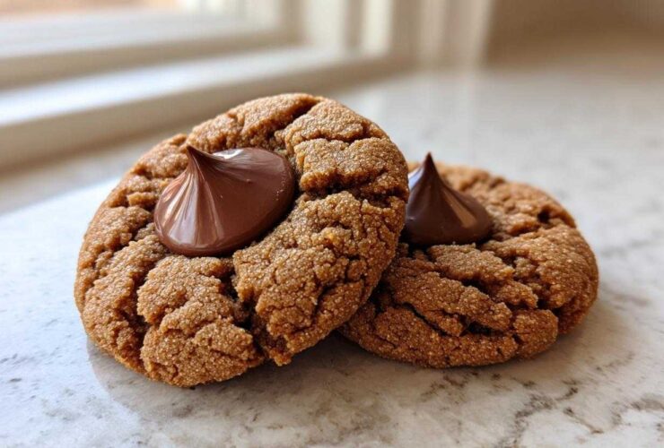 Two classic Peanut Butter Blossom Cookies with a melted chocolate kiss center resting on a light countertop.