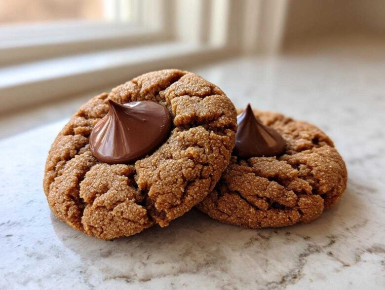 Two classic Peanut Butter Blossom Cookies with a melted chocolate kiss center resting on a light countertop.