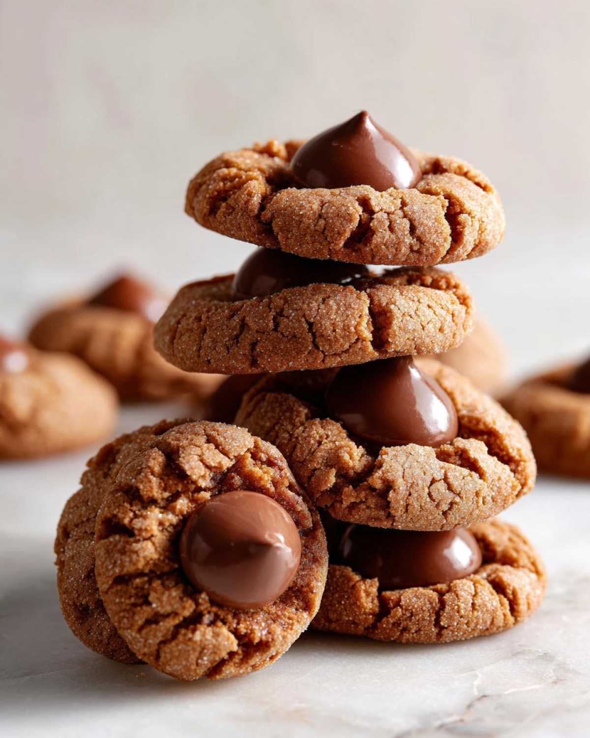 A stack of five amazing Peanut Butter Blossom Cookies topped with melted chocolate kisses on a marble surface.