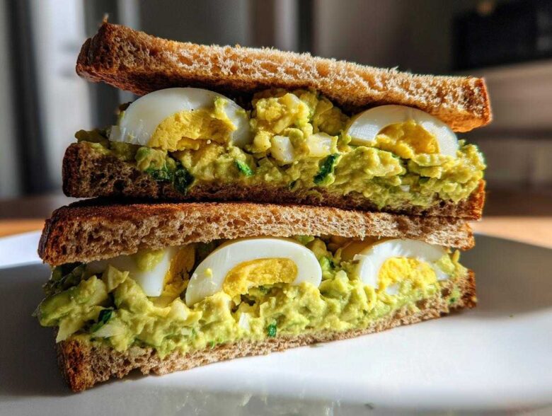 A tall stack of two halves of an Avocado Egg Salad Sandwich on toasted whole wheat bread, showing creamy green filling and sliced hard-boiled eggs.