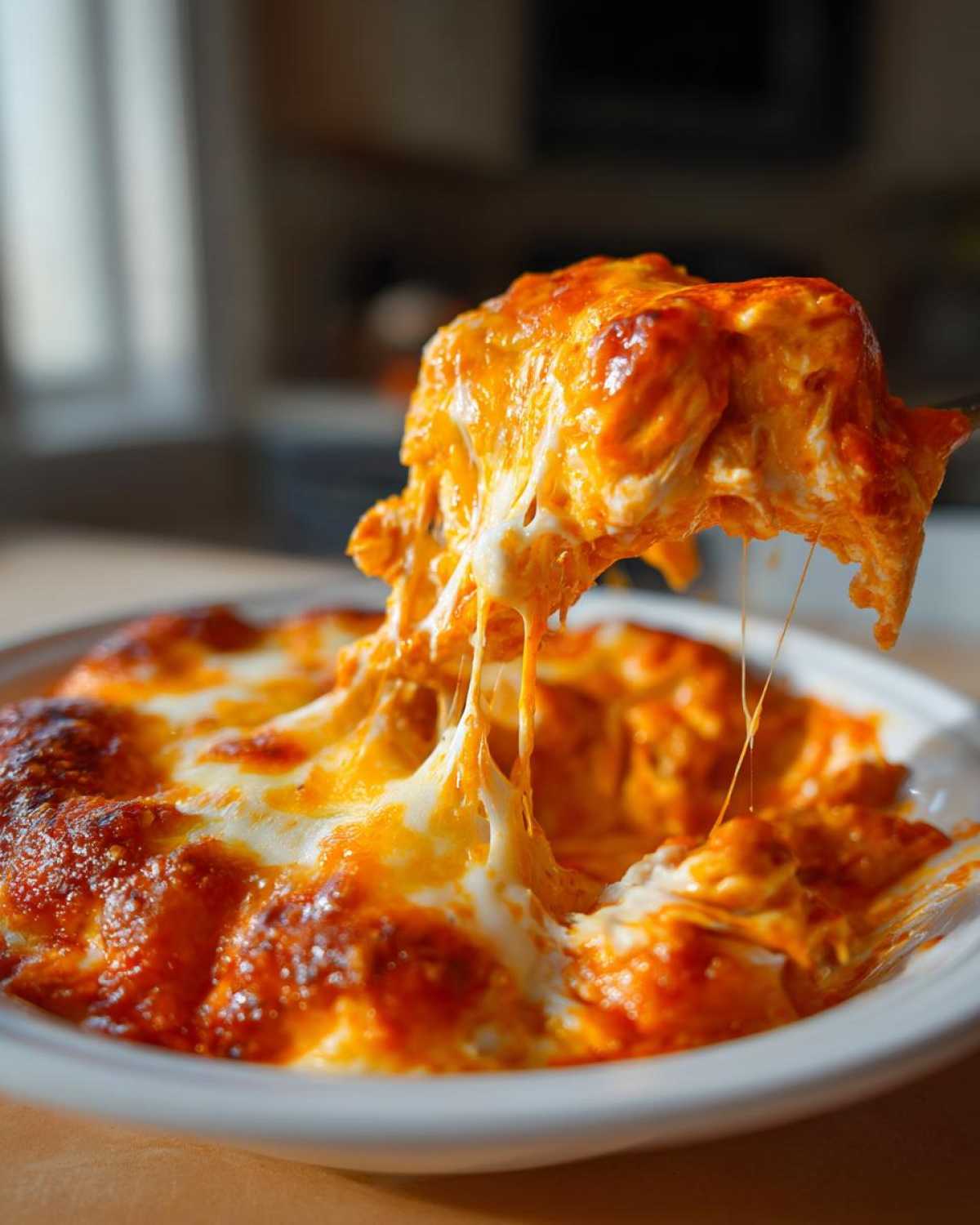 A spoonful of hot, cheesy Baked Buffalo Chicken Dip being pulled from the dish, showing long, gooey cheese strings.