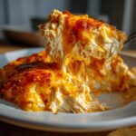 A spoonful of hot, cheesy Baked Buffalo Chicken Dip being lifted, showing stringy cheese pull and shredded chicken.