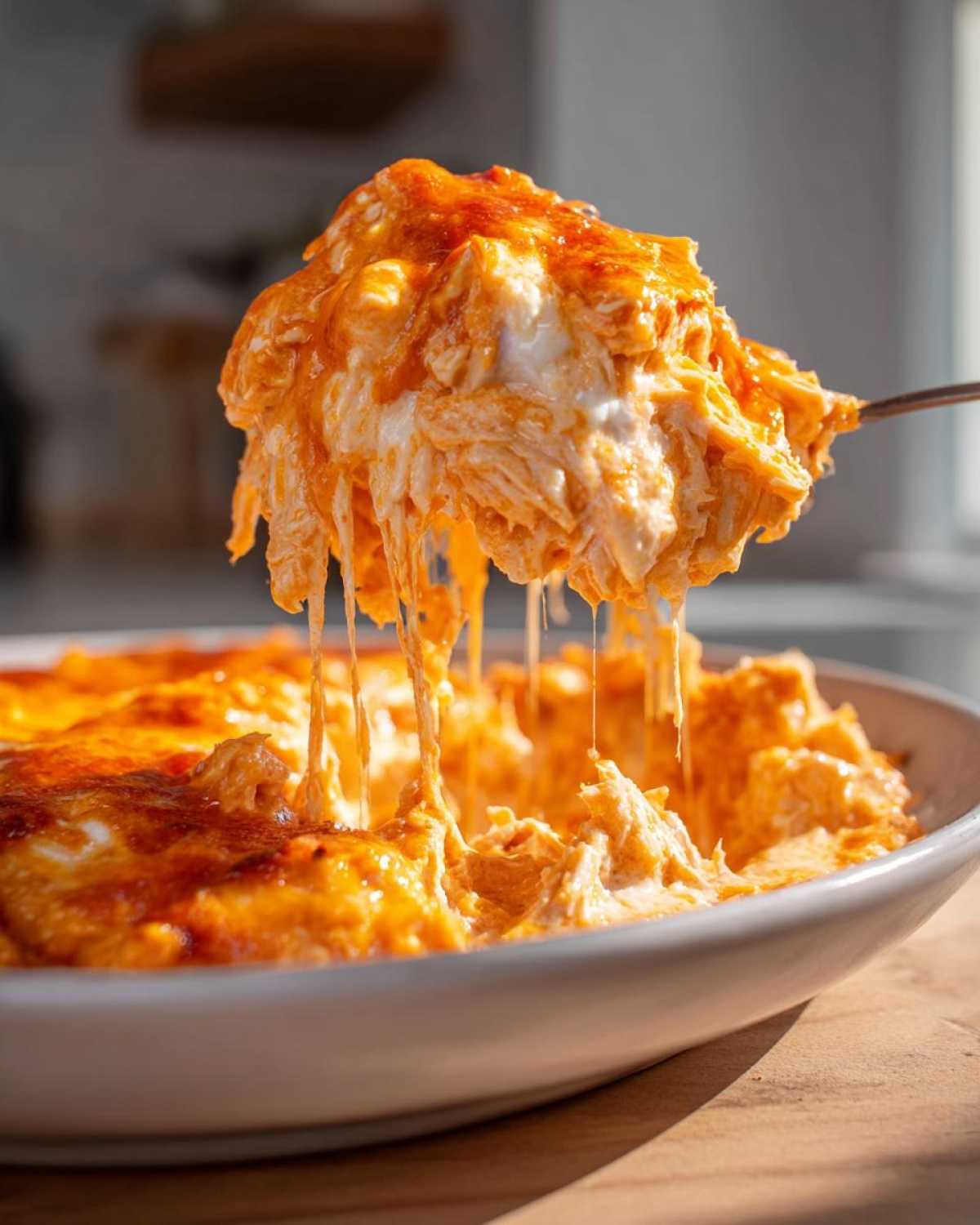A spoonful of hot, cheesy Baked Buffalo Chicken Dip is lifted, showing long, gooey cheese strings.