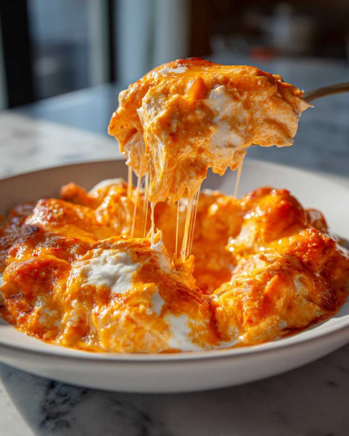 A spoonful of hot, cheesy Baked Buffalo Chicken Dip showing long cheese pulls.