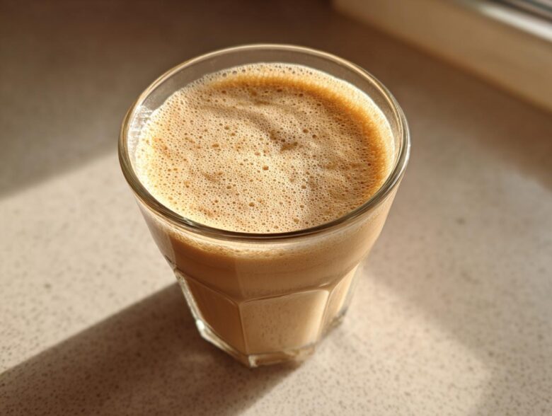 Close-up of a frothy Banana Peanut Butter Smoothie in a clear glass, sitting on a light countertop.