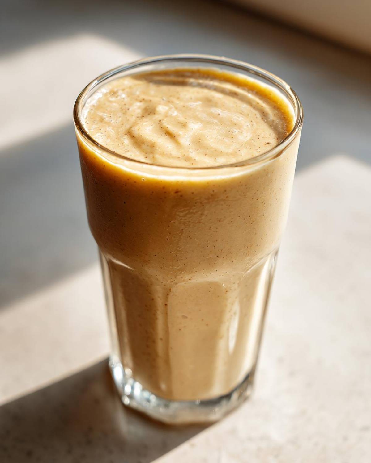 A tall glass filled with a thick, creamy Banana Peanut Butter Smoothie, catching bright sunlight.