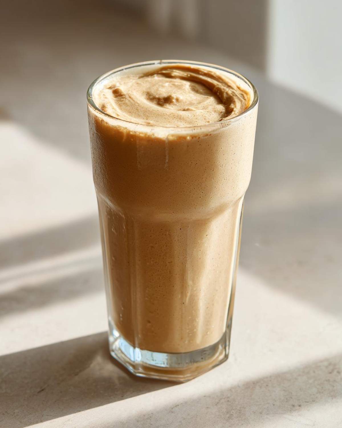 A thick, creamy Banana Peanut Butter Smoothie served in a tall glass, showing a swirl on top.