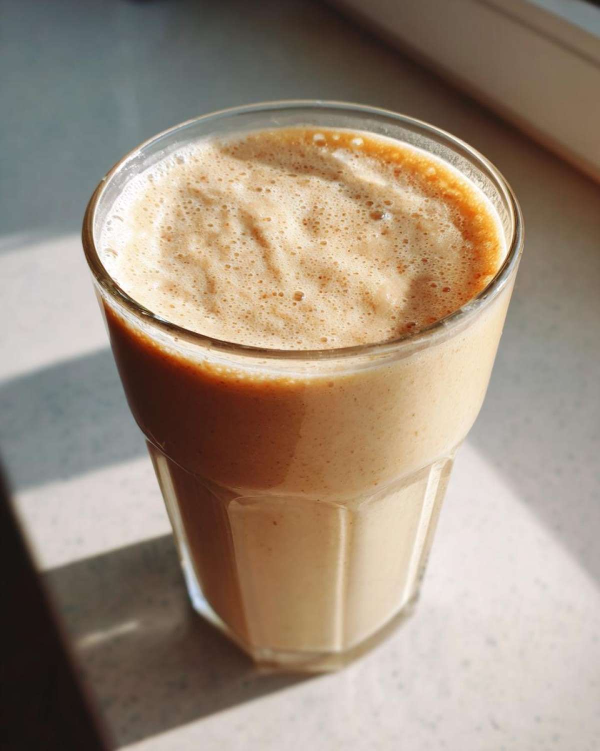 Close-up of a thick, frothy Banana Peanut Butter Smoothie in a faceted glass, catching bright sunlight.