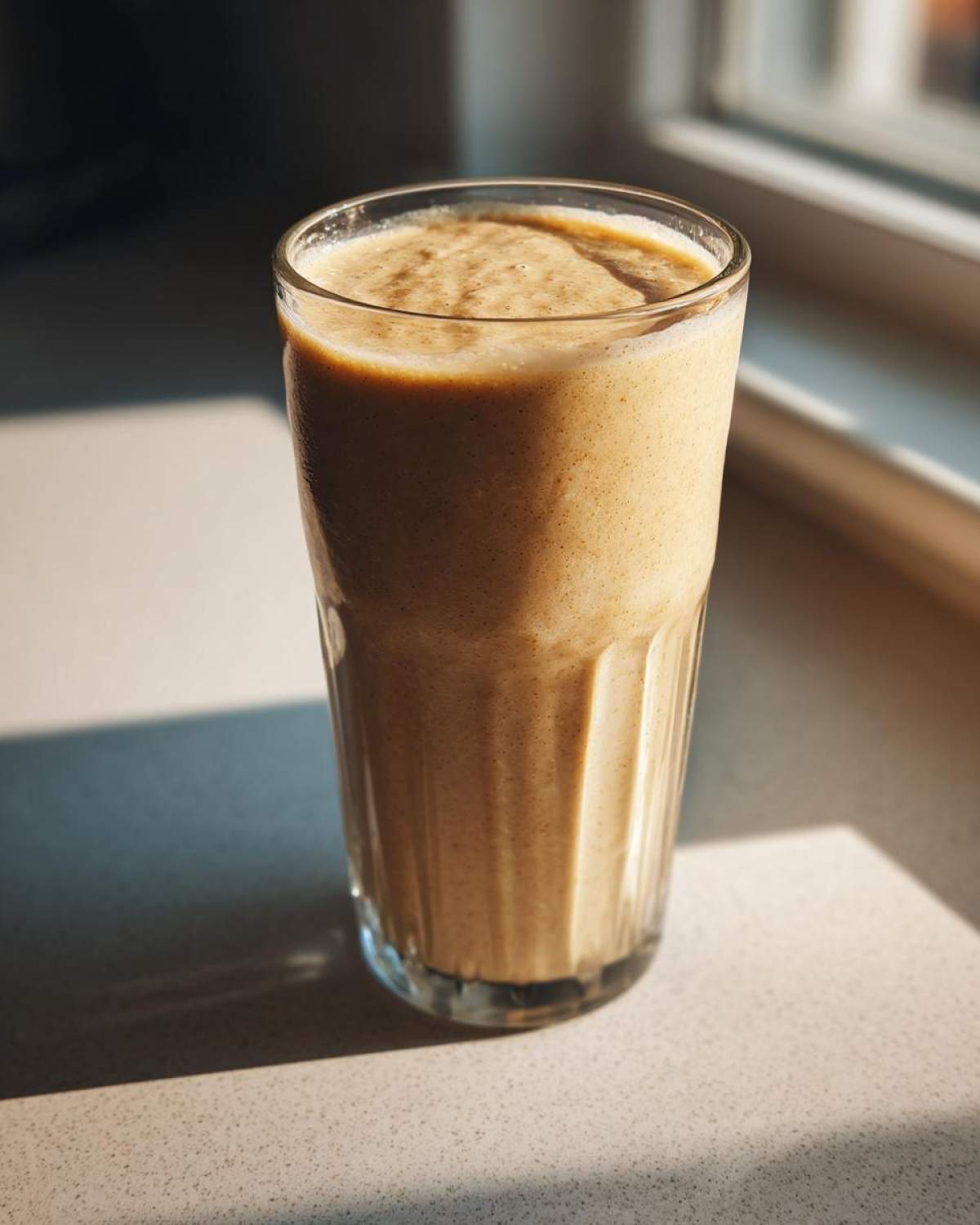 A tall glass filled with a thick, creamy Banana Peanut Butter Smoothie sitting on a speckled countertop near a window.