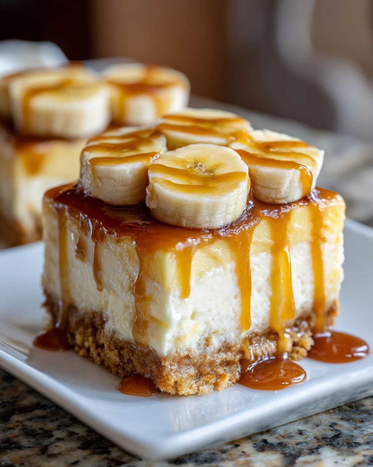 Close-up of a square Banana Pudding Cheesecake Bars slice topped with banana slices and drizzled with caramel sauce.