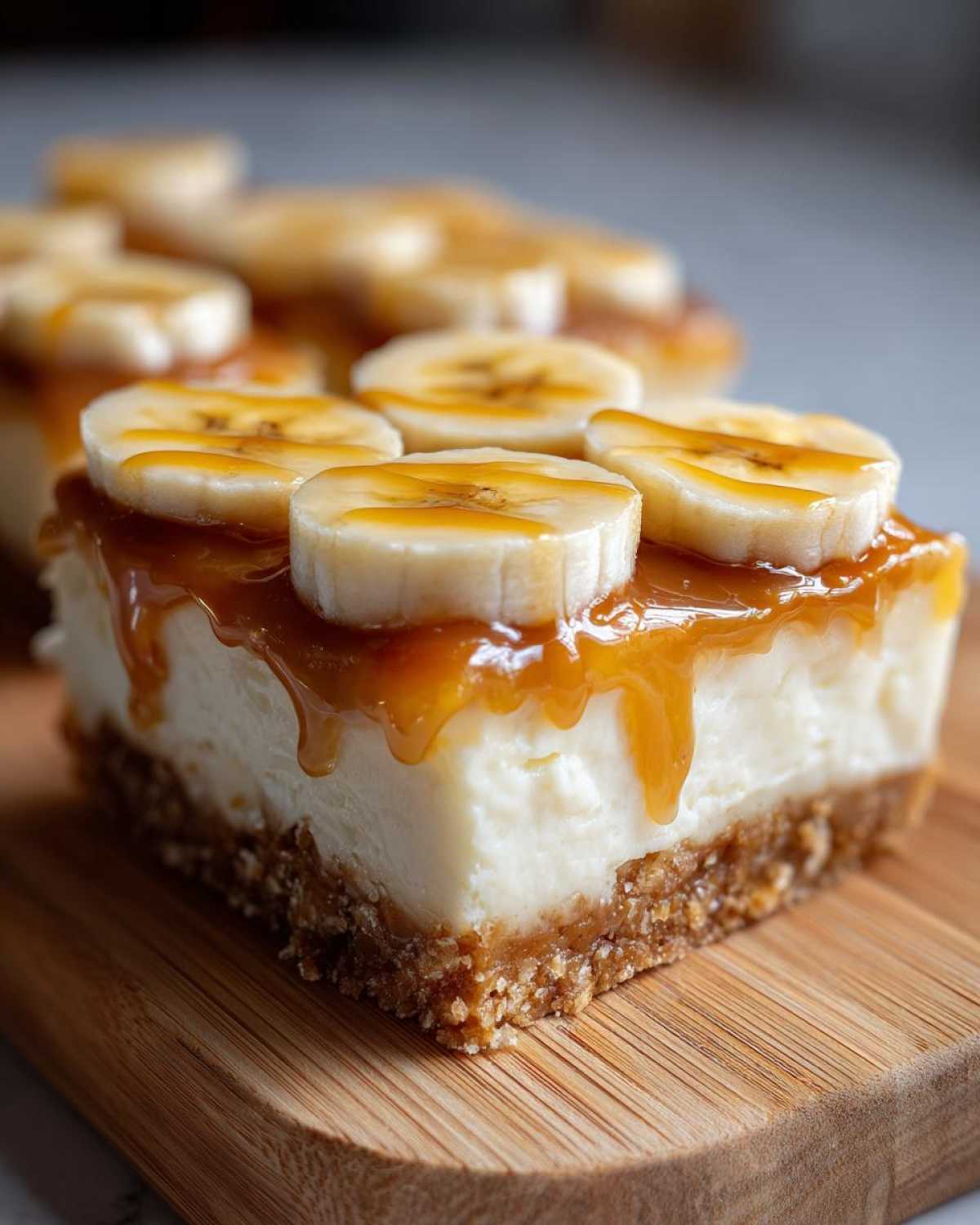 A thick slice of Banana Pudding Cheesecake Bars with creamy filling, graham cracker crust, and caramel-drizzled banana slices.