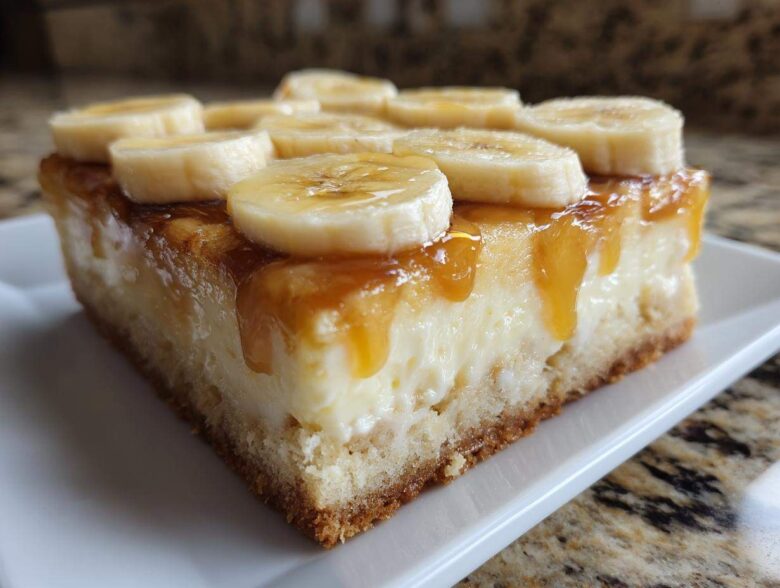 Close-up of a rich slice of Banana Pudding Cheesecake Bars topped with caramel sauce and fresh banana slices.