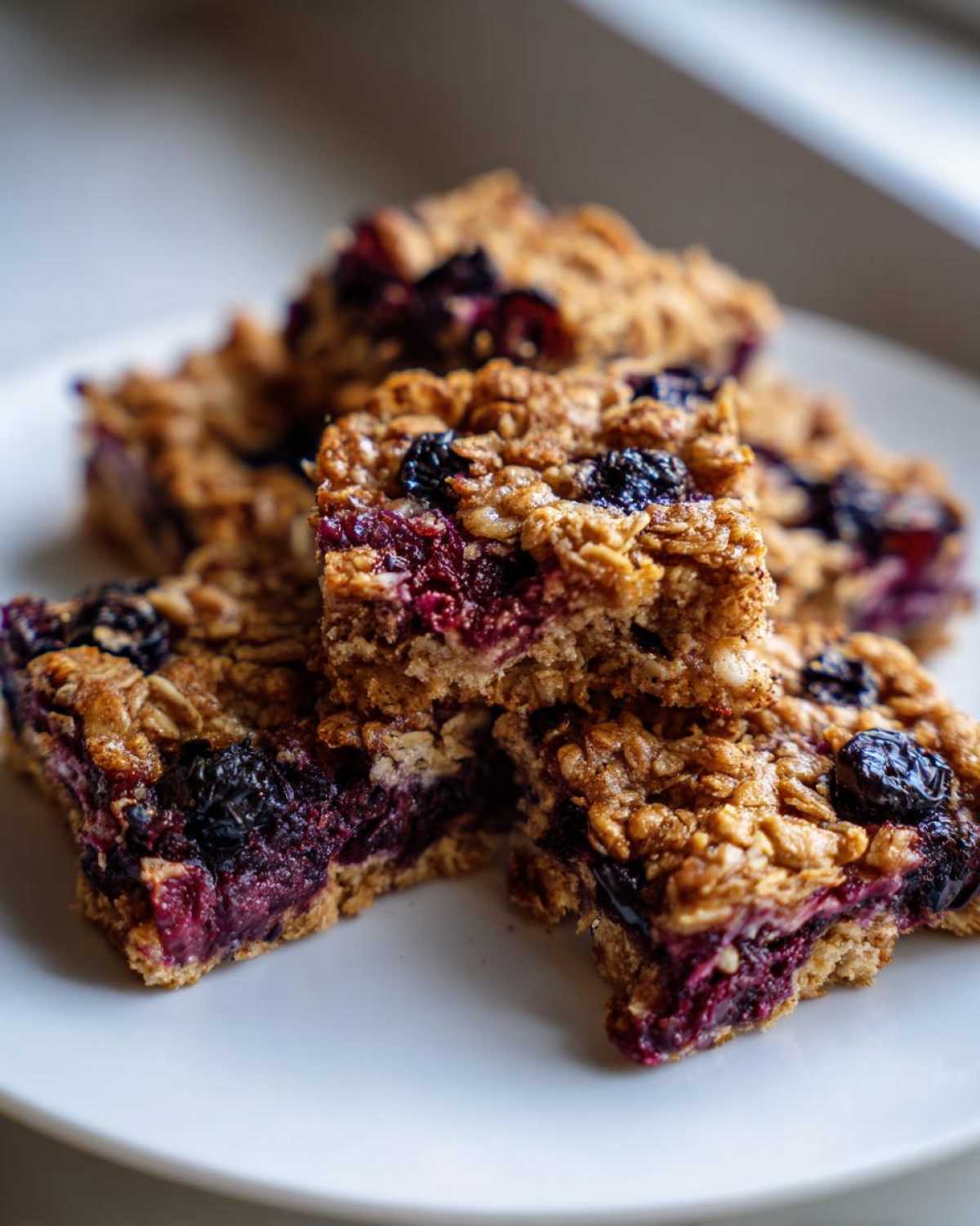 Close-up of several rich, golden-brown Blueberry Baked Oatmeal Squares stacked on a white plate, showing the burst blueberries inside.