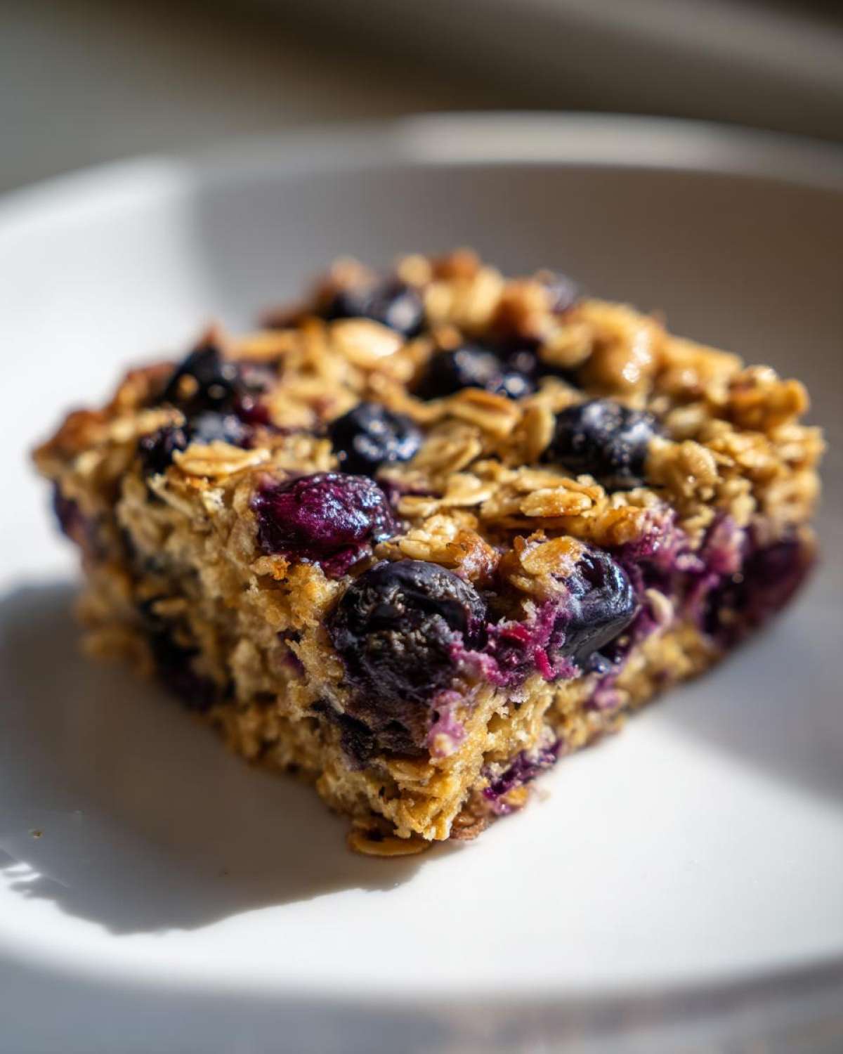 A single serving of moist Blueberry Baked Oatmeal Squares topped with whole blueberries and oats, resting on a white plate.