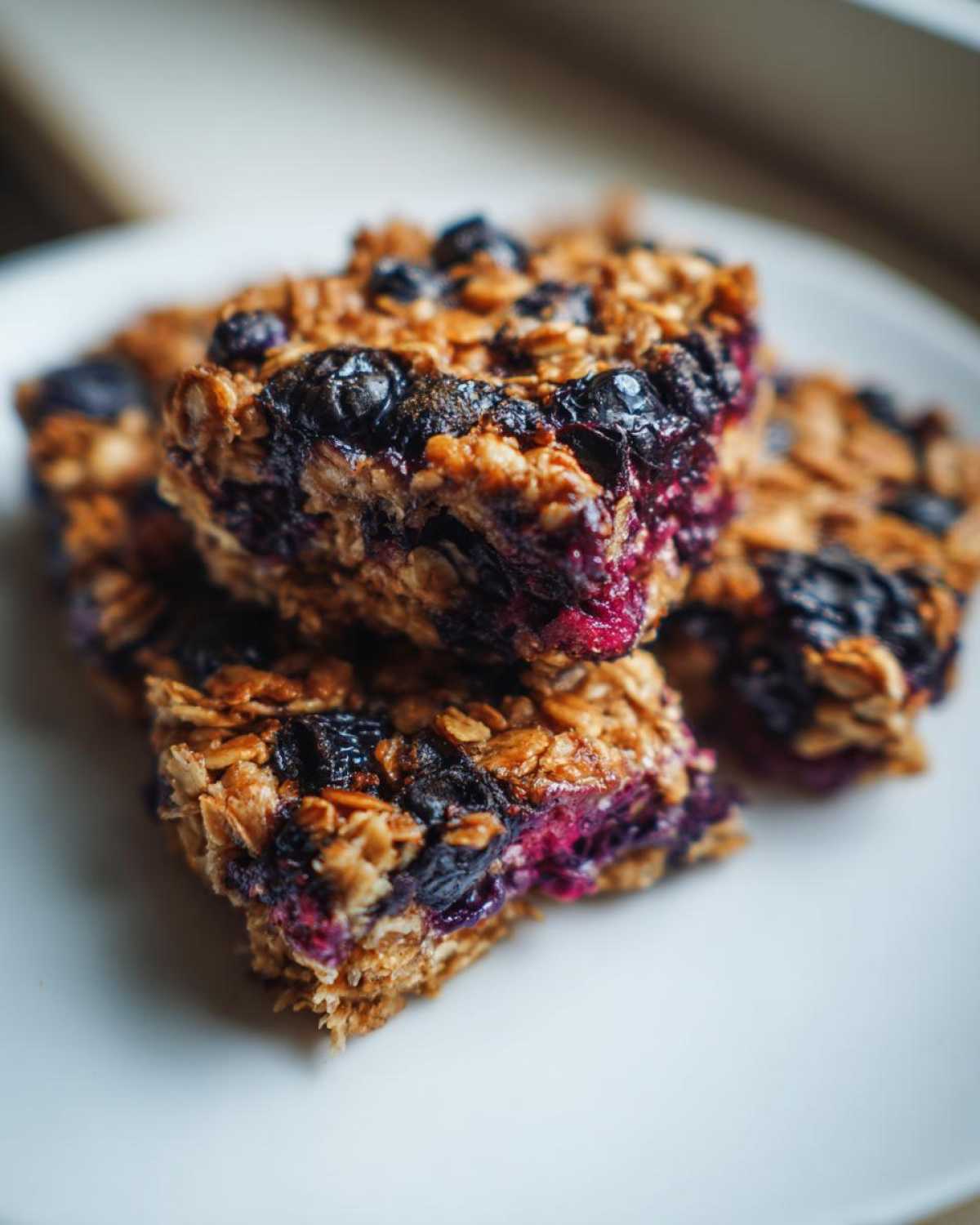 A close-up stack of three rich, moist Blueberry Baked Oatmeal Squares showing oats and bursting blueberries.