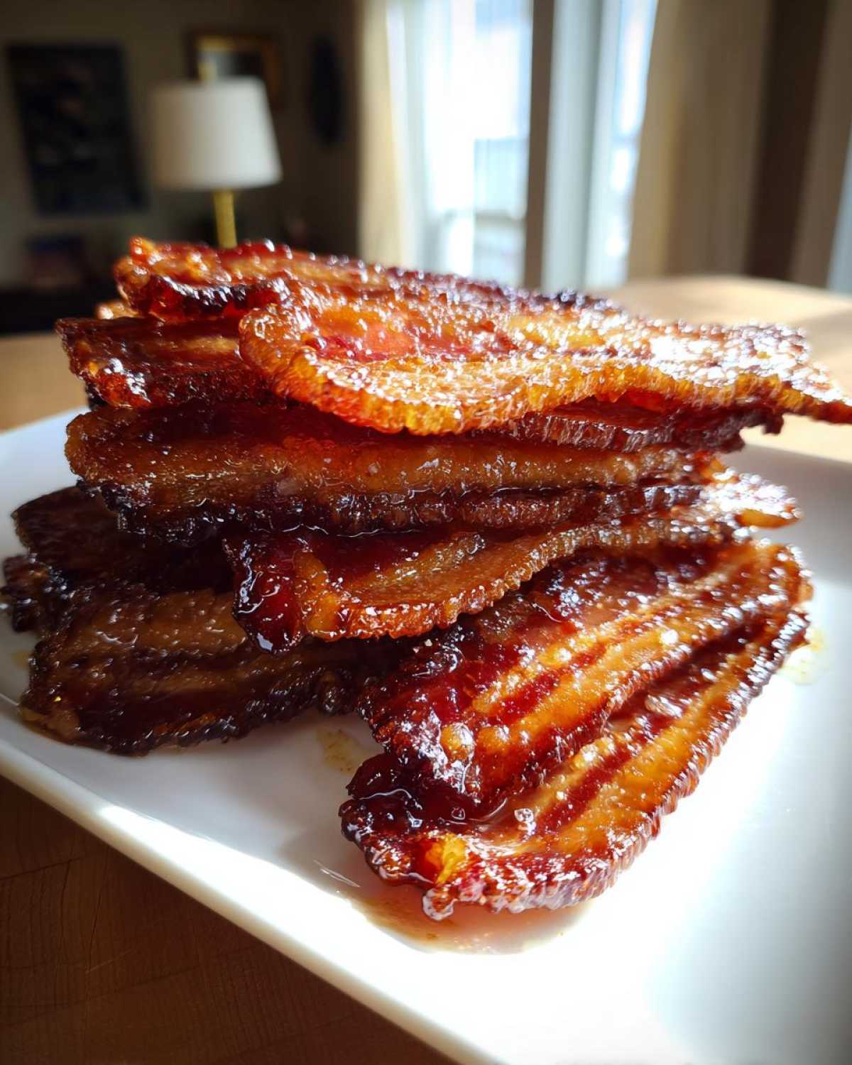 A close-up stack of crispy, shiny Brown Sugar Glazed Bacon slices on a white napkin.
