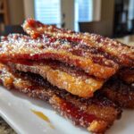 A stack of crispy, caramelized Brown Sugar Glazed Bacon strips covered in sparkling sugar crystals.