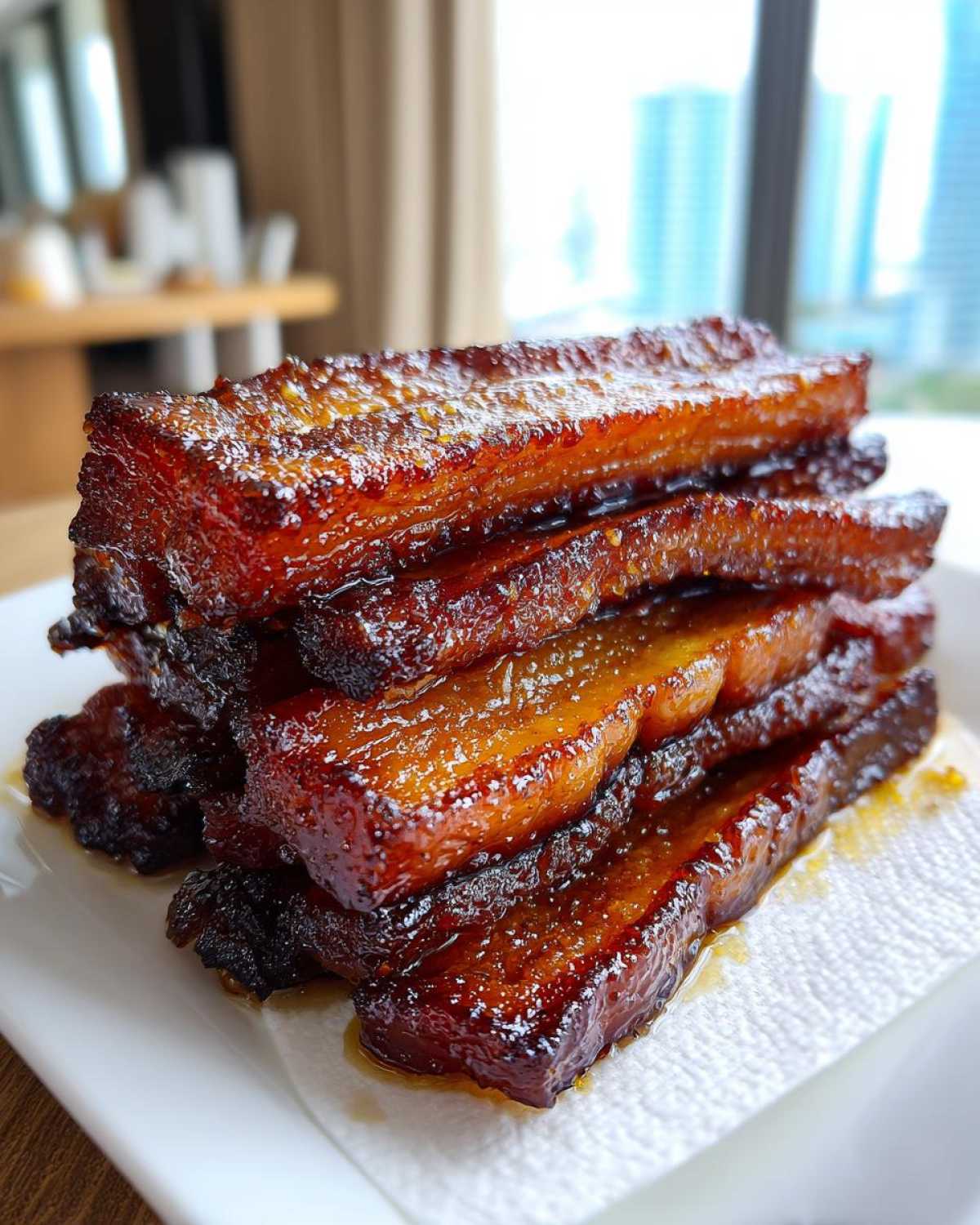 A stack of thick, glossy Brown Sugar Glazed Bacon slices resting on a white napkin.