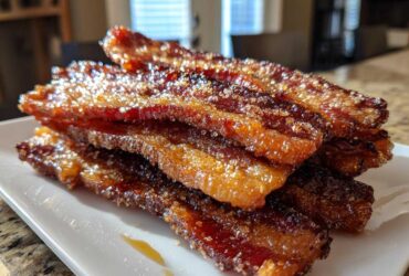 A stack of crispy, caramelized Brown Sugar Glazed Bacon strips covered in sparkling sugar crystals.