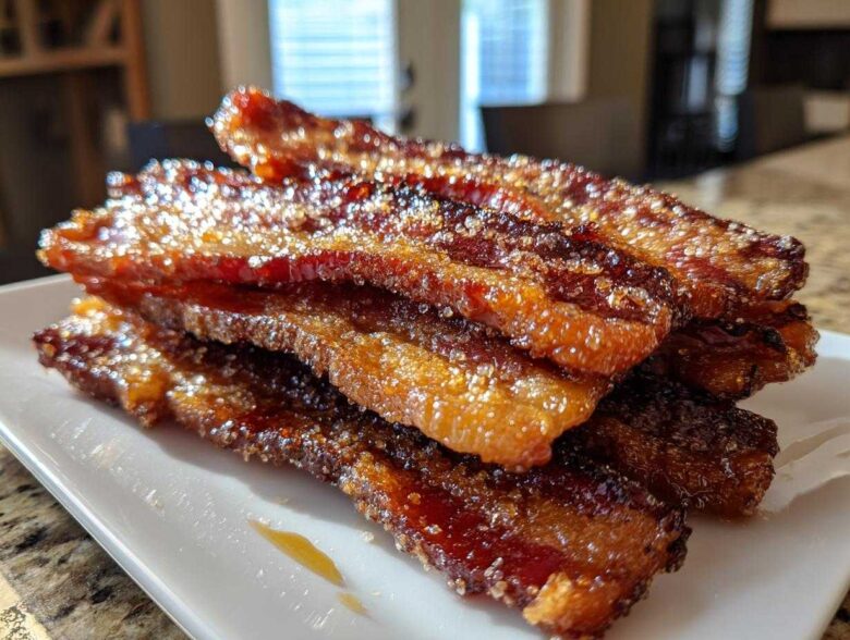 A stack of crispy, caramelized Brown Sugar Glazed Bacon strips covered in sparkling sugar crystals.