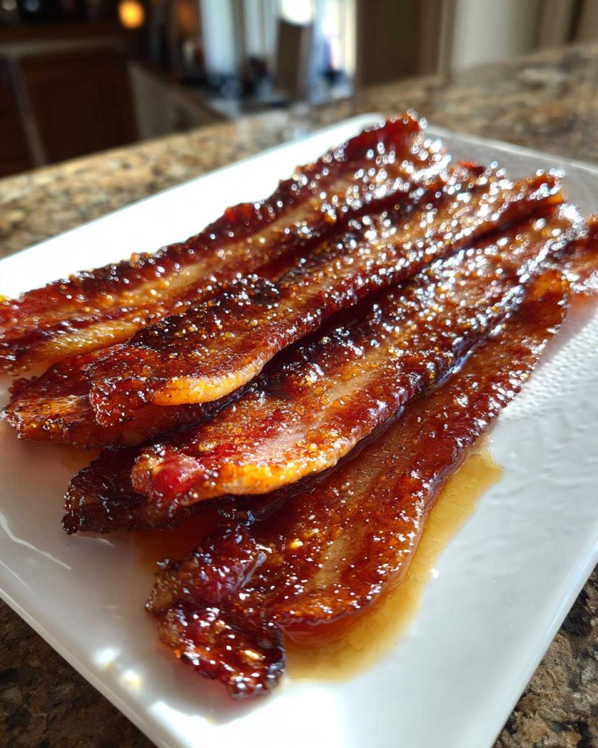 Close-up of crispy, shiny Brown Sugar Glazed Bacon strips resting on a white rectangular plate.