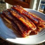 Several strips of glistening Brown Sugar Glazed Bacon stacked on a white plate, caramelized and shiny.